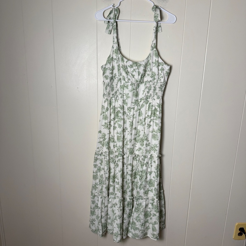 Altar'd‎ State XL White Green Floral Midi Dress Tie Strap Tiered Sundress